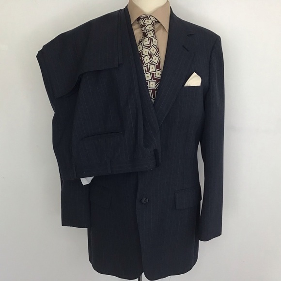 Rue Royal Nino Cerruti Blue Pinstripe 2 button notch collar VTG suit 40R 36” wai - Picture 1 of 16